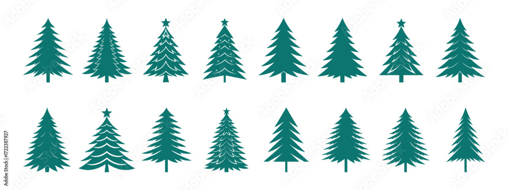Obraz premium Christmas pine tree silhouette set, simple winter holiday celebration vector collection.
