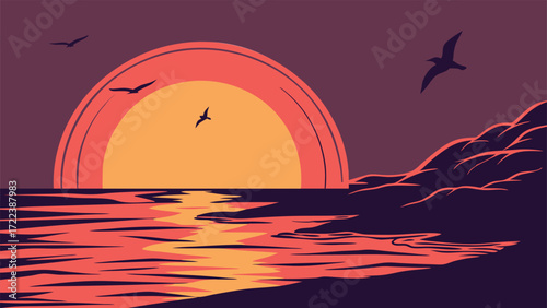 Beautiful ocean sunset landscape with flying birds and seaside waves at evening.