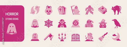Two-tone horror icon set, Halloween monsters and items