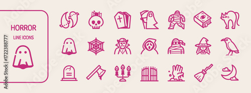 Line horror icon set, Halloween monsters and items