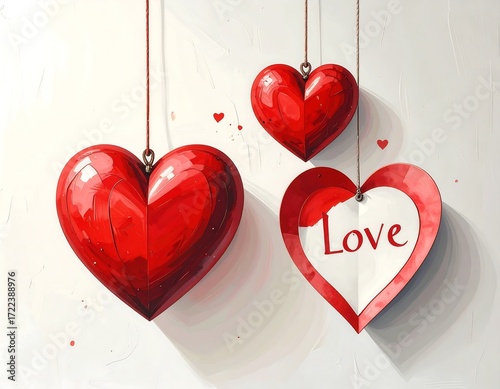 Three red hearts hanging, textured, painted style