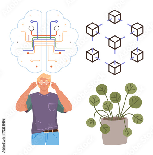Man adjusting glasses beneath brain circuit map, connected blocks representing blockchain, and indoor potted plant. Ideal for innovation, technology, mental clarity, blockchain, eco-living, balance
