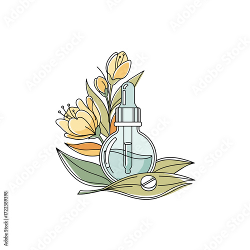 Essential Serum: An illustrated cosmetic serum bottle, surrounded by floral and botanical elements, suggesting natural beauty, health, and skincare. 