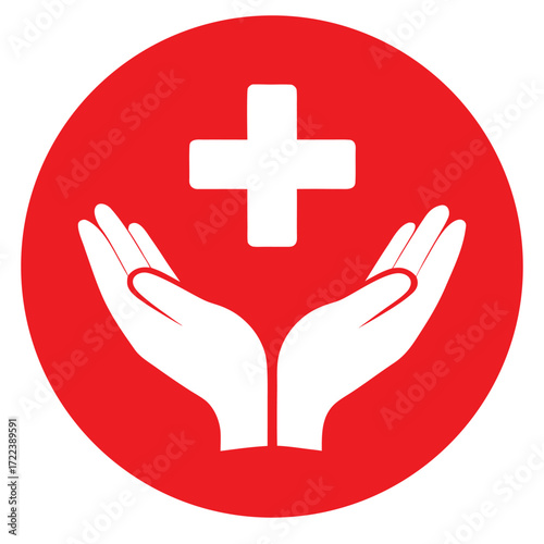 Protecting hands cradling a white cross within a vibrant red circle