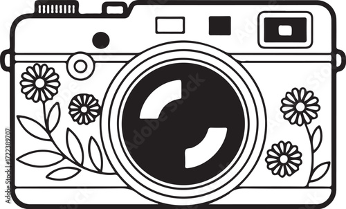 Classic Camera with Floral Ornaments – Black and White EPS Illustration