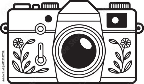 Classic Camera with Floral Ornaments – Black and White EPS Illustration