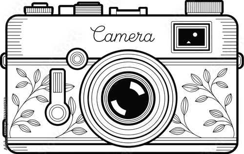 Classic Camera with Floral Ornaments – Black and White EPS Illustration