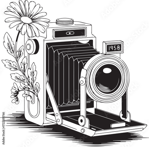 Classic Camera with Floral Ornaments – Black and White EPS Illustration