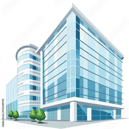 Modern glass office building with a rounded extension architectural illustration