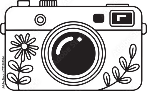 Retro Camera with Decorative Flowers – Elegant Line Art Vector EPS