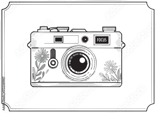 Retro Camera with Decorative Flowers – Elegant Line Art Vector EPS