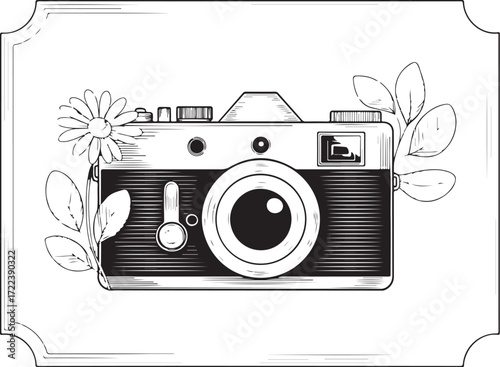 Retro Camera with Decorative Flowers – Elegant Line Art Vector EPS