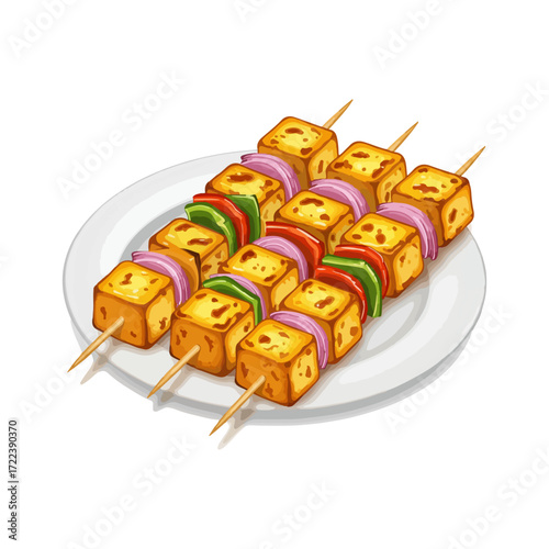 Realistic Vector Illustration of Paneer Tikka Skewers – Indian Grilled Cottage Cheese Dish

