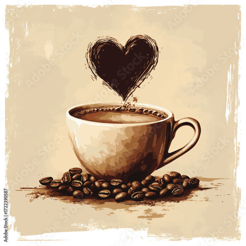 Steaming Coffee Cup with Heart-Shaped Steam Above Coffee Beans on Rustic Background , vector style simple color