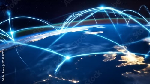 Global network connections and data transmission around the world from space view of earth
