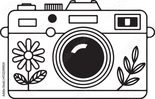 Vintage Camera with Floral Design – Black and White EPS Illustration