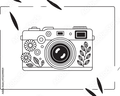 Vintage Camera with Floral Design – Black and White EPS Illustration