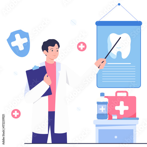 Dentist pointing at tooth diagram with medical supplies