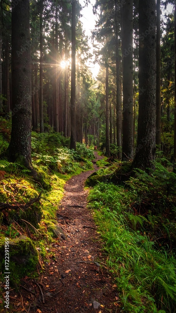 Obraz premium Sunlit path through a mossy forest