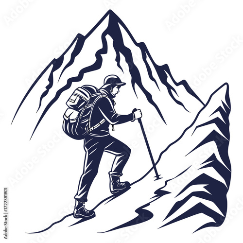 A captivating monochrome illustration showcases a determined hiker ascending a rugged mountain, complete with a backpack and trekking pole