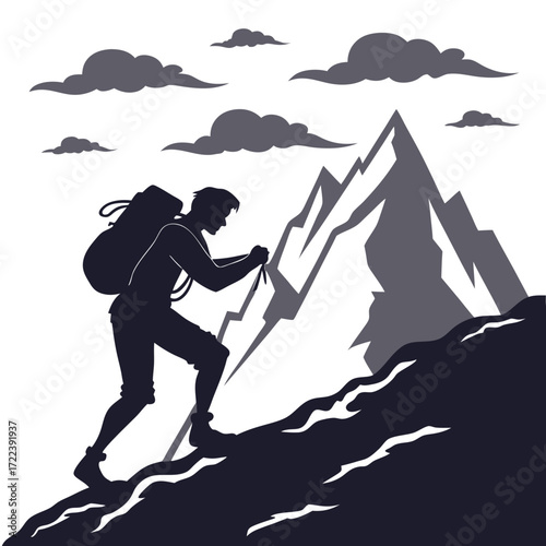 A challenging mountain climb depicts a determined hiker ascending a steep slope towards a towering peak under a cloudy sky, showcasing resilience