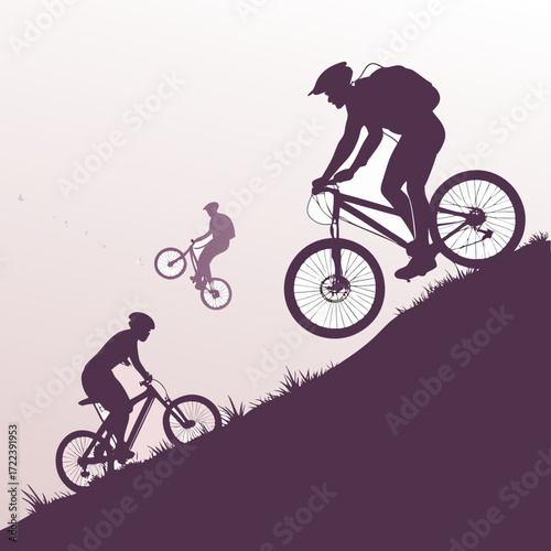A group of mountain bikers rides on a trail up a hill with grass the silhouettes of the cyclists are visible