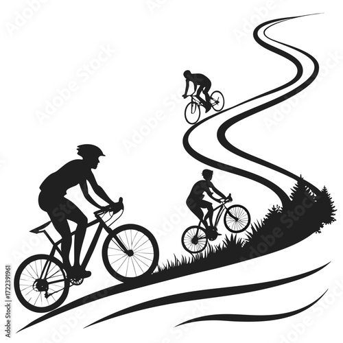 A group of mountain bikers rides on a winding trail through a forest with trees and grass the silhouettes of the cyclists are visible