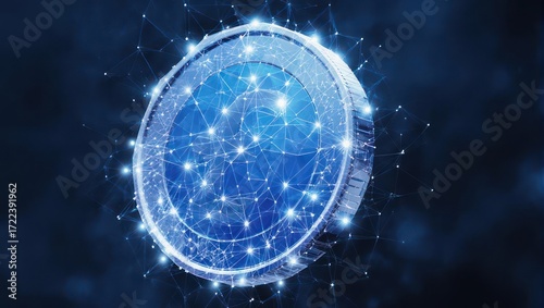 Gleaming digital coin radiates connectivity and innovation against a dark, abstract network background