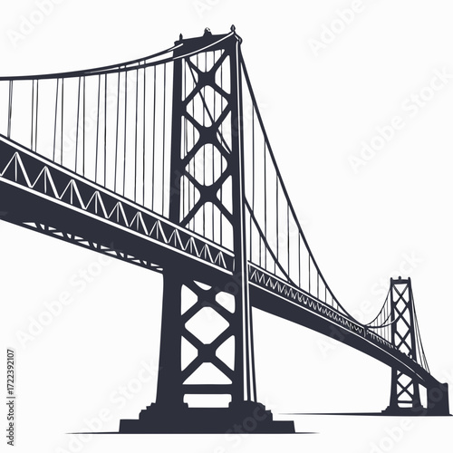 Illustration of a majestic suspension bridge, showcasing its intricate cable system, towering pillars, and architectural brilliance against a clear backdrop