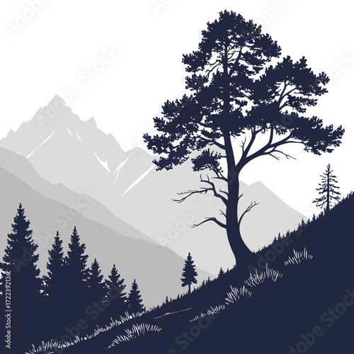 Illustration of a serene mountain landscape with a solitary tree on a hillside, the peaceful scene captures the beauty and tranquility of nature