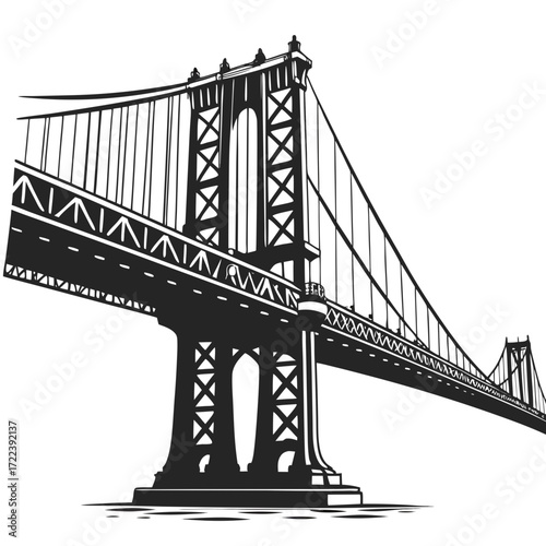 Illustration of a majestic suspension bridge spanning across a body of water, showcasing its intricate cable system and architectural design