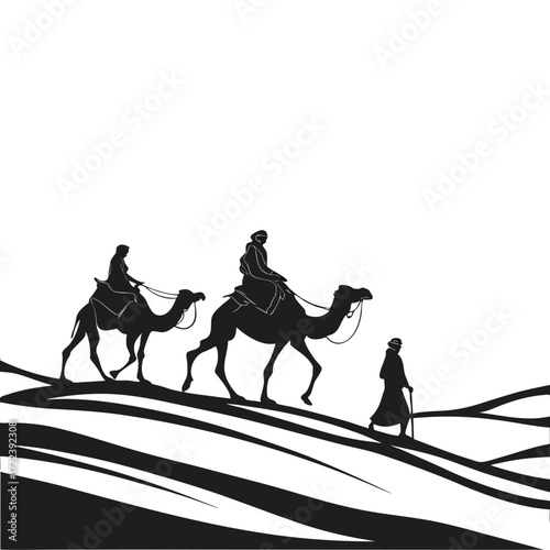 Silhouette of three wise men on camels journeying through the desert, , symbolizing faith, pilgrimage, and the timeless story of the nativity