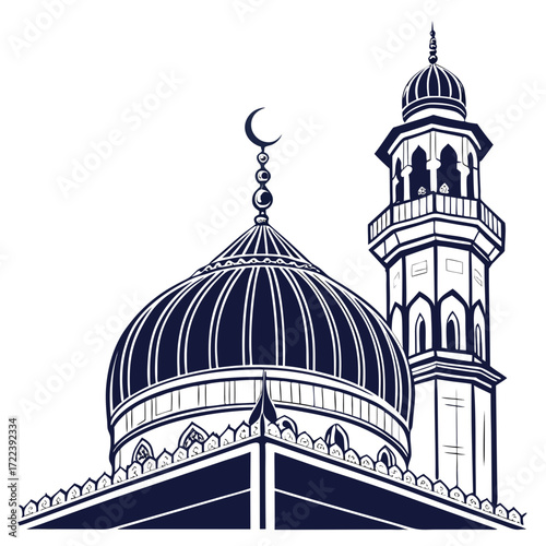 A captivating line art illustration showcases a mosque with a prominent dome and minaret, , evoking a sense of architectural grandeur and cultural significance