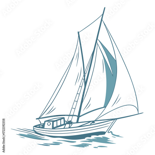 A charming blue sailboat gracefully glides across the water, its sails billowing in the wind, a serene nautical scene evoking a sense of freedom and adventure