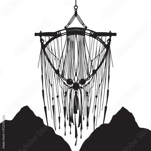 A timeless, elegant, black and white vector silhouette of macrame on white, infused with futuristic sci-fi aesthetics, advanced technology, and subtle space elements.