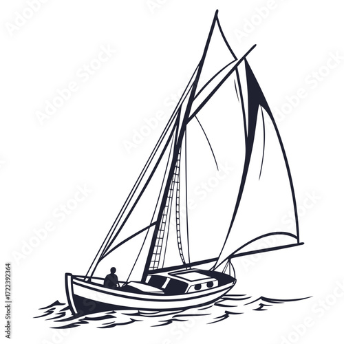 A classic black and white sailboat gracefully glides across the water, its sails billowing in the wind, a serene nautical scene evoking a sense of freedom