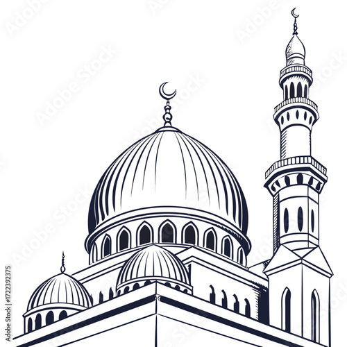 An intricate black and white mosque stands tall, its domes and minarets reaching towards the sky, a symbol of faith, culture, and architectural beauty