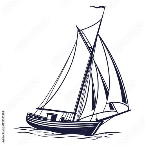 Elegant navy blue sailboat sailing on the water, a classic nautical vessel with billowing sails, capturing the essence of maritime adventure and freedom