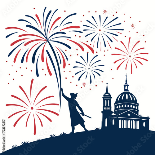 A patriotic scene featuring a silhouette of a revolutionary holding a firework with the united states capitol building in the background, celebrating american independence