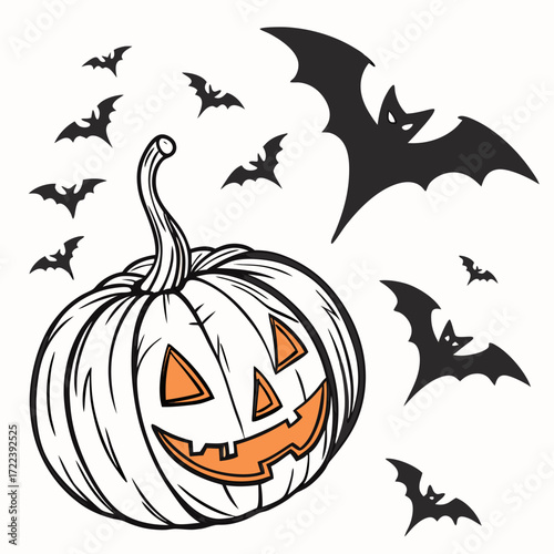 A spooky halloween scene featuring a carved pumpkin and bats the pumpkin has a classic jackolantern face, with triangular eyes and a toothy grin