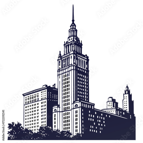 A striking navy blue vector illustration showcases the iconic terminal tower in cleveland, ohio, , capturing its architectural grandeur and historical significance