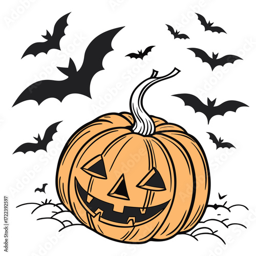 Enchanting halloween scene a smiling pumpkin amidst a swarm of bats, , capturing the essence of the holiday with a touch of whimsical illustration
