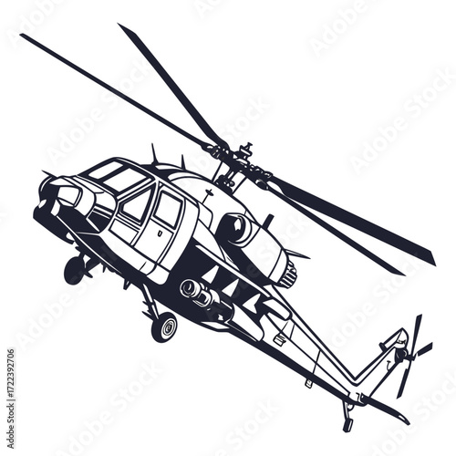 A detailed line art illustration showcases a military helicopter in flight, , with its rotor blades spinning, capturing the essence of aviation technology