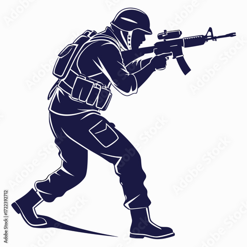 A dynamic line art illustration portrays a soldier aiming a rifle, , capturing the essence of military precision and readiness in combat situations