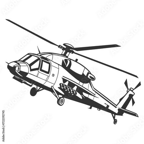 A formidable military helicopter hovers in the air, embodying strength and readiness, its powerful rotors poised for action, a symbol of defense and security