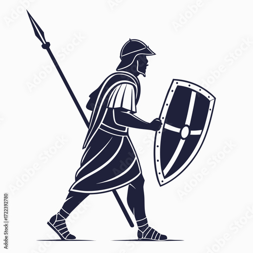 A formidable roman soldier, clad in traditional armor and wielding a spear and shield, embodies the strength and discipline of the ancient roman army