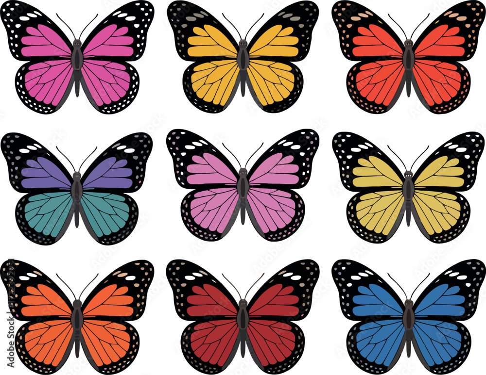Obraz premium This image presents a grid of nine monarch-like butterflies, each rendered in a different vibrant color.