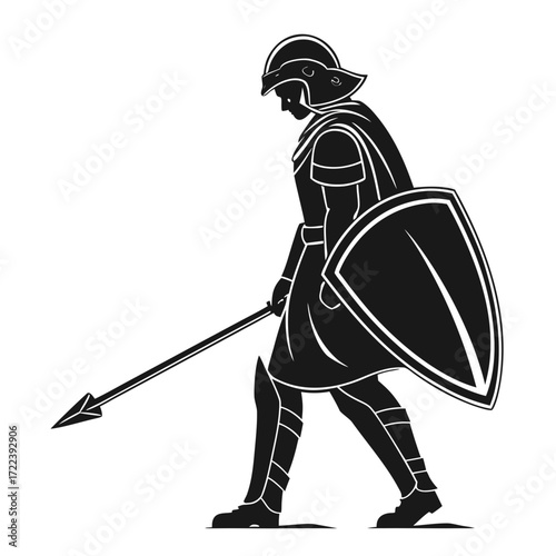 A solemn roman legionary, clad in full armor and carrying a spear and shield, marches forward with determination and resolve