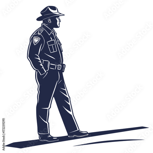 A stoic police officer stands tall, his silhouette outlined against the stark white backdrop, embodying authority and vigilance, his presence commands respect