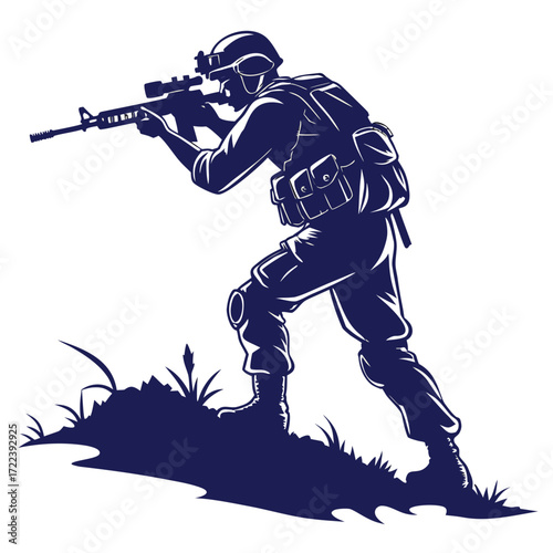 A striking line art illustration depicts a soldier aiming a rifle, , embodying the essence of military readiness and precision in combat scenarios